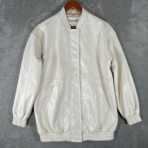 Maeve Anthropologie Bomber Jacket Womens XXS White Faux Leather Oversized Zip Up